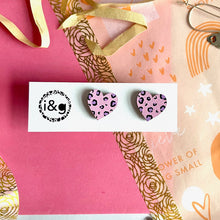 Load image into Gallery viewer, midi leopard print heart studs in pink and purple
