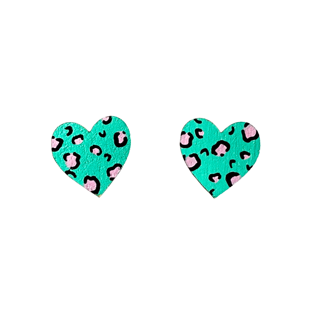 Midi leopard print heart stud earrings in green and pink