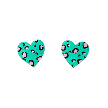 Load image into Gallery viewer, midi leopard print heart studs in green and pink

