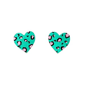 midi leopard print heart studs in green and pink