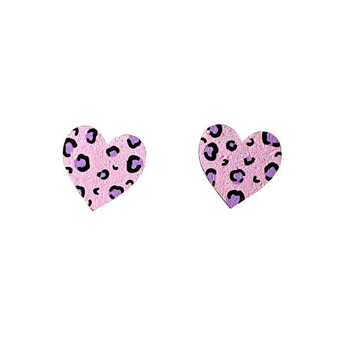 midi leopard print heart studs in pink and purple