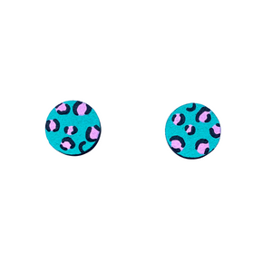 Mini leopard print circle green and pink stud earrings