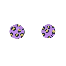 Load image into Gallery viewer, Mini leopard print circle lilac and gold stud earrings
