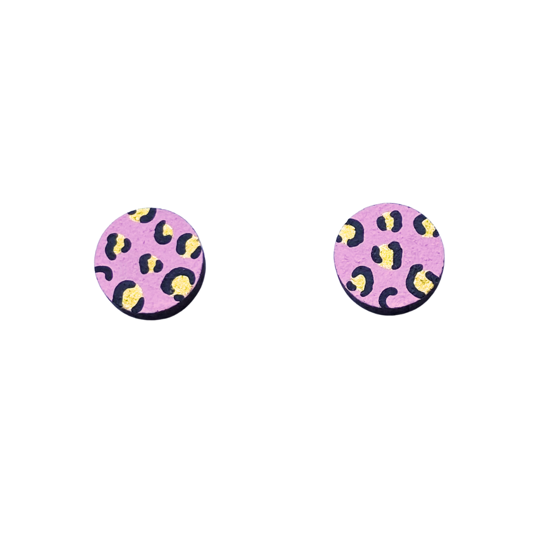 Mini leopard print circle studs pink and gold