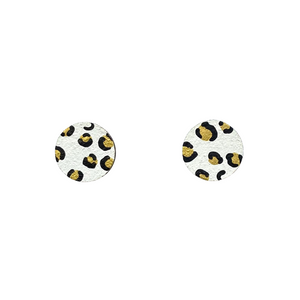 Mini white and gold circle leopard print stud earrings