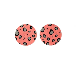 large pink and grey leopard print circle studs