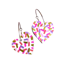 Load image into Gallery viewer, Large pink confetti heart hoop earrings
