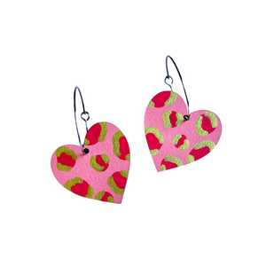 Red, pink and gold leopard print heart hoop earrings