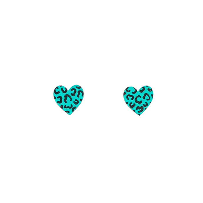 teal and black leopard print mini heart stud