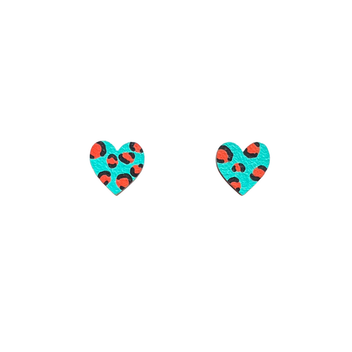 teal and orange leopard print mini heart studs