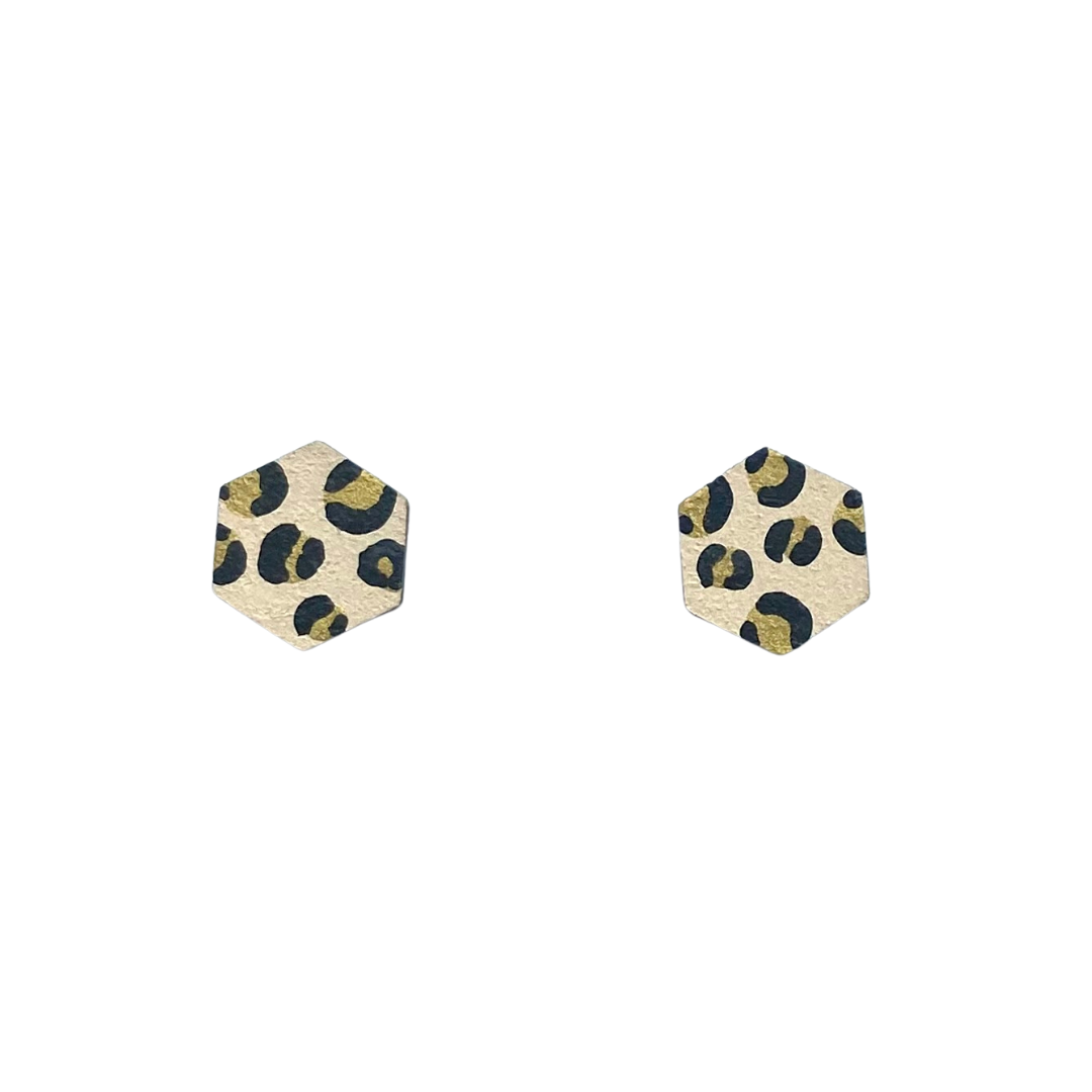 Mini cream and gold hexagon leopard print stud earrings