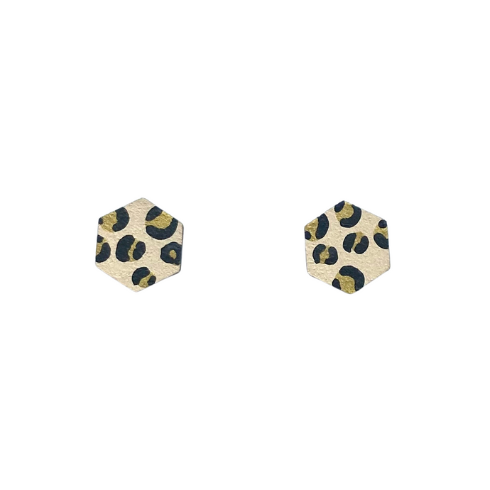 mini hexagon leopard print studs beige and gold
