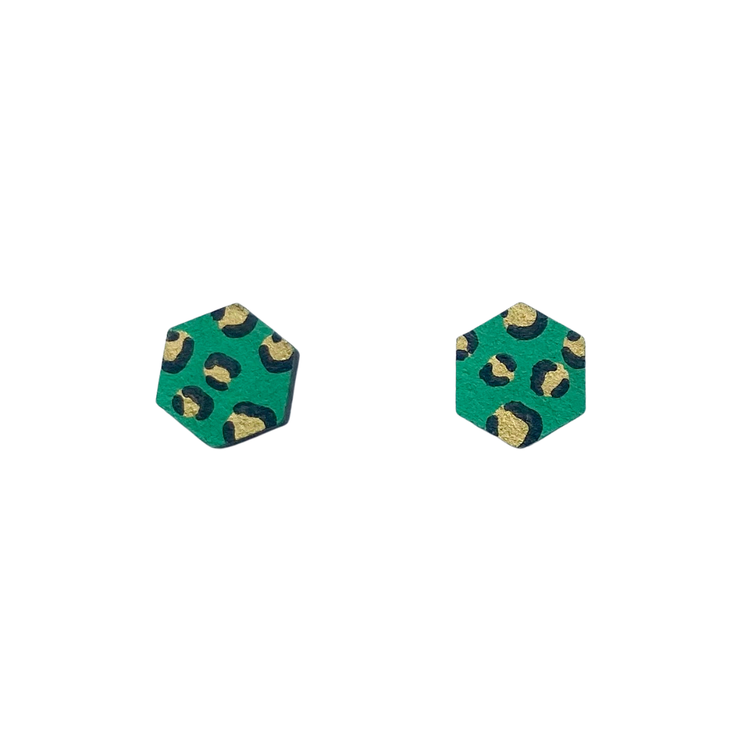 Mini green and gold hexagon leopard print stud earrings