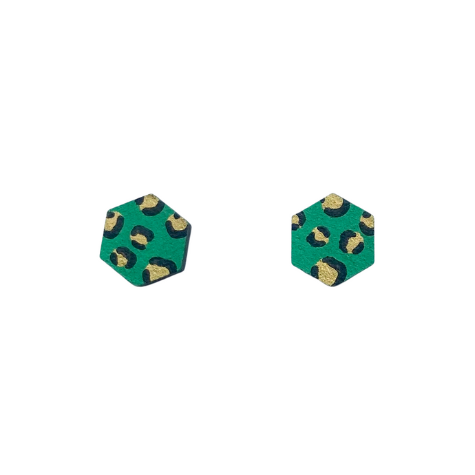 mini hexagon leopard print studs green and gold