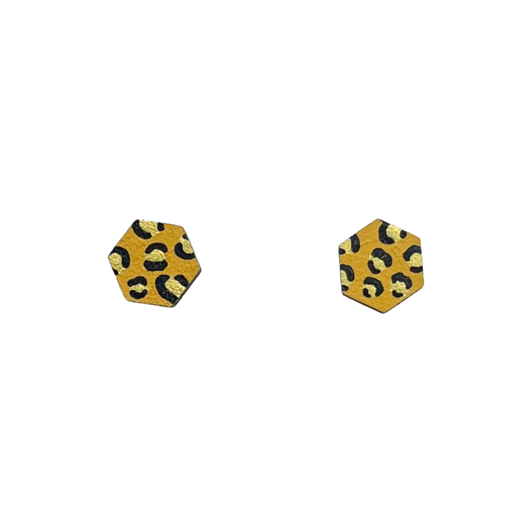 Mini mustard and gold hexagon leopard print stud earrings