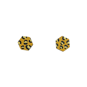 mini hexagon leopard print studs mustard and gold