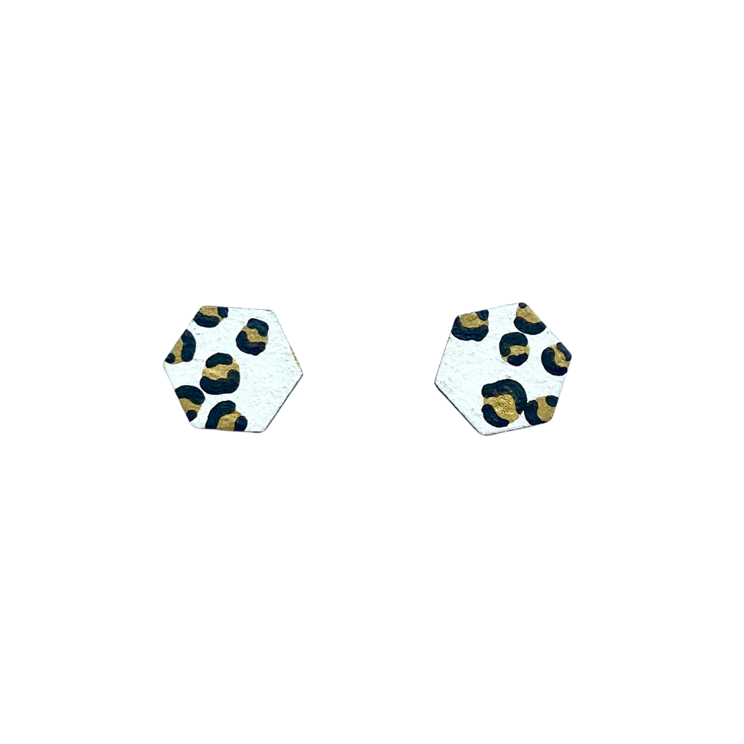 Mini white and gold faded style hexagon leopard print stud earrings