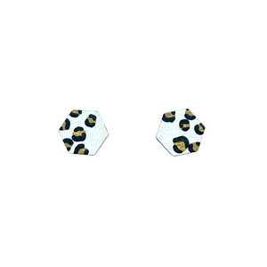 mini hexagon leopard print studs faded white and gold