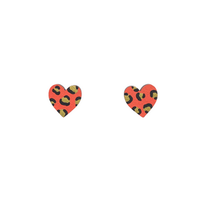 Mini leopard print heart orange and gold stud earrings