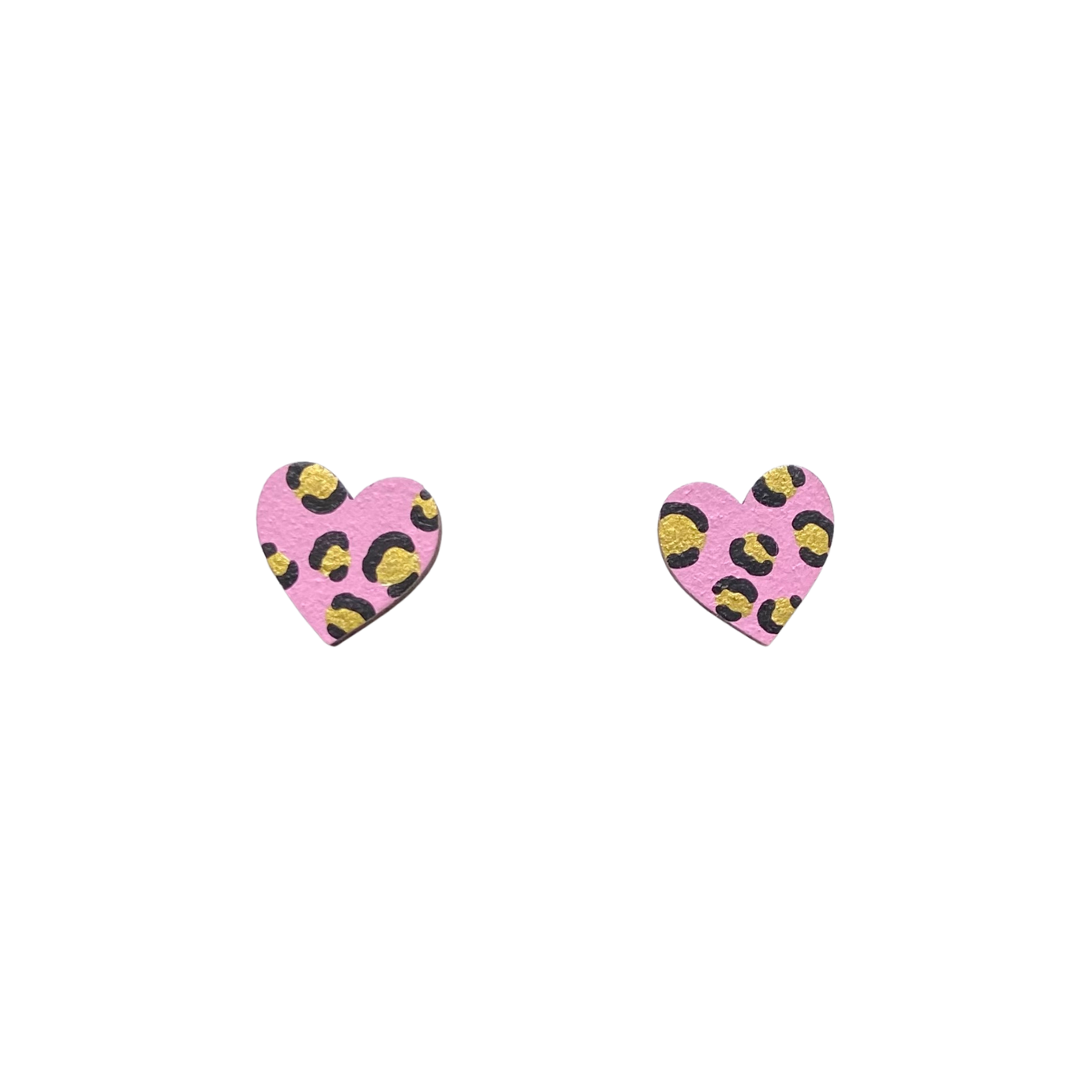 Mini leopard print heart pink and gold stud earrings