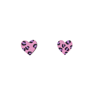 Mini leopard print heart pink and purple stud earrings