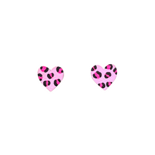 Load image into Gallery viewer, Mini neon pink leopard print heart stud earrings
