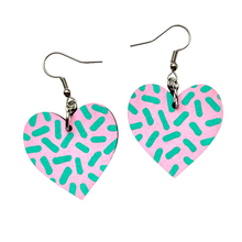 Load image into Gallery viewer, pink and mint dash drop heart earrings
